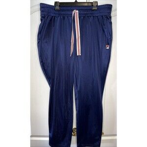 FILA Womens Track Pants 1X Navy Drawstring Waist Shiny Logo Pull On Activewear